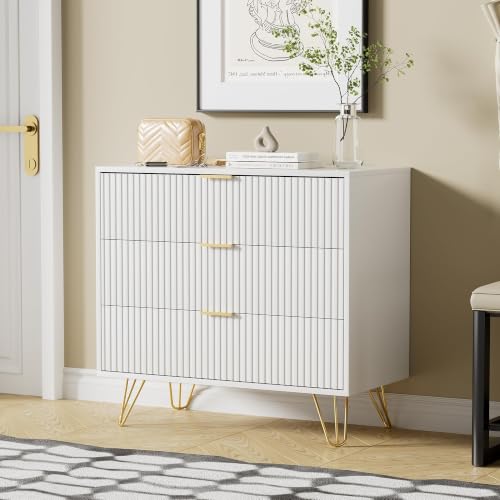 Image of Furniway White Dresser for Bedroom, 3 Drawer Dresser with Gold Pulls, Fluted Modern Chest of Drawers Storage Cabinet, 31.5 inch W x 15.7 inch D x 29.5 inch H