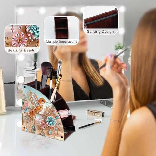 Image of Diamond Art Painting Multi-Grid Storage Box DIY Wooden Double Sided Drill Tabletop Organizer Diamond Painting Kit for Adults Office Home Ornament - Hummingbird & Floral
