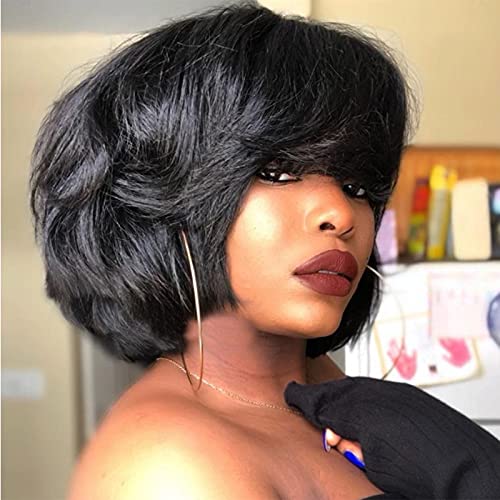 Short Wave Wig with Bangs Human Hair For Women Scalp Base Top Full Machine Made Wig With Bangs Remy Brazilian Wave Wig 200% Density Natural Color 10Inch