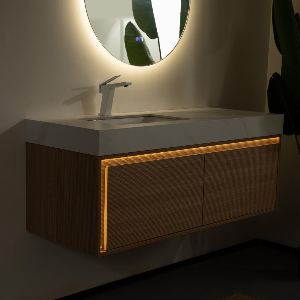 48" Bathroom Vanity with Sink, Light Woodgrain Plywood Cabinet with Drawer & Sensor LED Light, Carrara White Sintered Stone Top & Ceramic Undermount Basins, Pre-Assembled