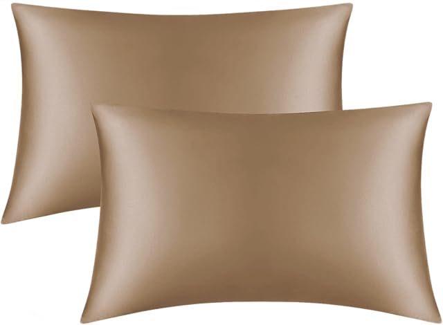 Casabella Satin Pillow Cases 2 Pack, Beige Satin Silk Pillowcase for Hair and Skin, Breathable, Hypoallergenic, Standard Size, Envelop Closure Satin Pillowcase 50x75 cm-Beige Silk Pillow Cases 2 Pack
