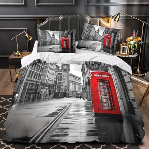 VOXYTMLWG London Street Linge de Lit Microfibre Résistante 3D Imprimée 3 Pièces 2xTaies Douce Urban Architecture Housse de Couette Super Douce Entretien Facile for...