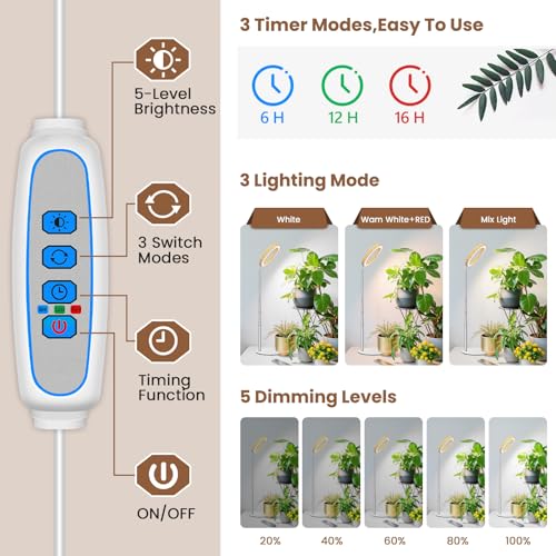 Image of Aokrean Plant Grow Light, Full Spectrum 6.3in Plant Light for Indoor Growing, Height Adjustable 9.8 inch-37.4 inch with Auto Timer 6 /12 /16Hrs, 3 Optional Spectrums, 5 Brightness, Wood Grain Desk Growing Lamp