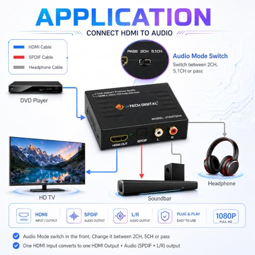 Image of J-Tech Digital HDMI to HDMI ARC Adapter with CEC and Optical TOSLINK Audio Output, 5.1 Channel, Black