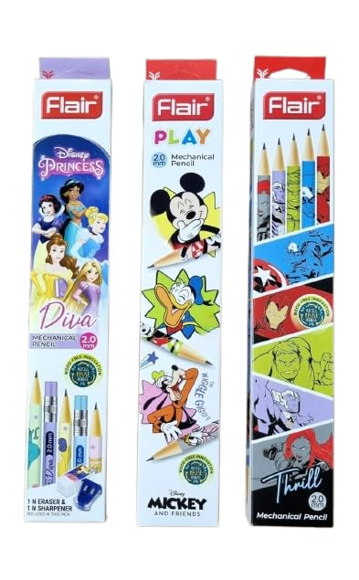 Image of Flair 2.0mm Mechanical Multicolor Extra Dark 2B Pencils| Mickey & Friends Play+Princess+Thrill Characters- 10 Eachx3= 30 Pencils| Wood Free Writing|1 Big Sharpner & 1 Eraser With Each Pack| Refillable