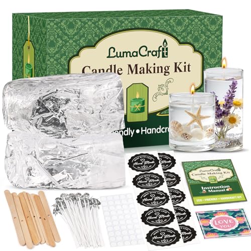 LumaCraft Klares Gelwachs zur Kerzenherstellung – 1000g Transparentes Jelly Wachs mit 50 Dochten, 50 Dochtklebern & 10 Dochthaltern, Natürliches DIY Gelkerzen Zubehör für Anfänger & Bastler