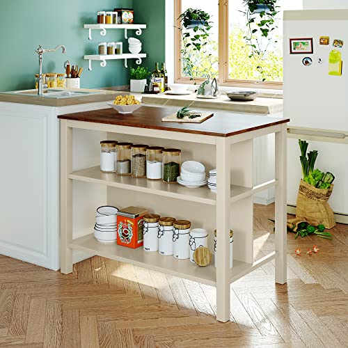 Image of RUNNA Simple 3-Piece 45 inch Stationary Kitchen Island Set with 2 Stools,Solid Wood Butcher Block Dining Table with 2 Open Storage Shelves for Small Places (Walnut+Cream White#t)