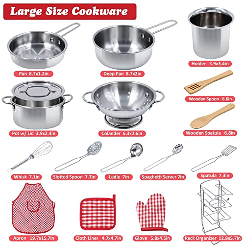 Kids Pretend Play Kitchen Toys Accessories Set, 32 Items Stainless Steel Toy Pots And Pans Sets W/ Rack Organizer, Metal Cooking Utensils & Holder, Apron Play Food Basket For Kids Girls Boys Toddlers #TOP1