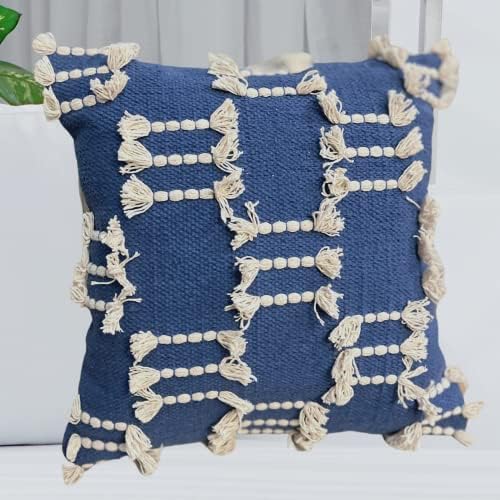 COCO MARKETPLACE Moroccan Throw Pillows Square Decorative Boho Throw Pillow Cover 18x18 Inches Rustic Neutral Handewoven Tufted Accent Pillows for Couch Bed Living Room (Blue)