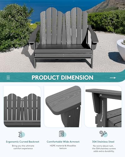 Image of SERWALL Outdoor Patio Adirondack Set, 2 Folding Adirondack Bench & 1 Coffee Table with Umbrella Hole, HDPE All-Weather Adirondack Furniture Set for Front Porch Garden Balcony Backyard, Grey