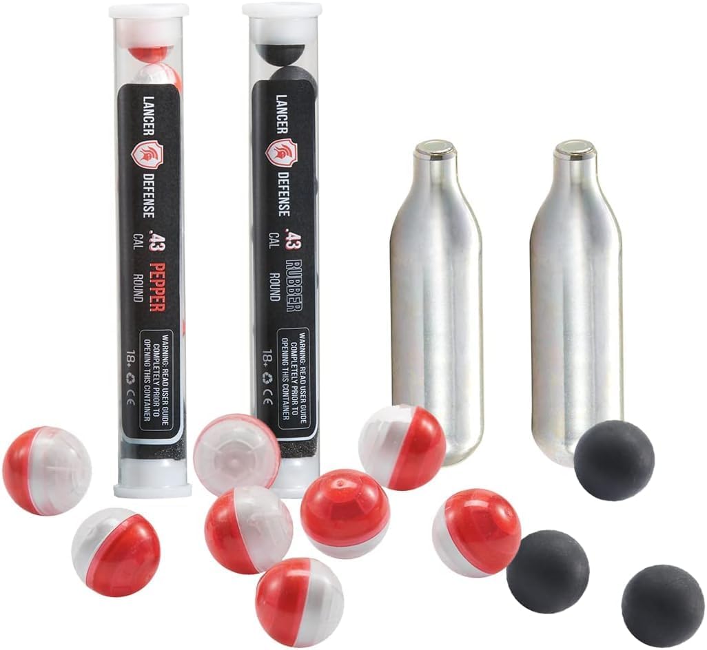 Lancer Tactical Defense Ball Bulk 0.43 Cal for Self Defense Includes Pack of 8 of Pepper Projectile, Rubber Ball & 2X 8 gram Cartridges（4 Count