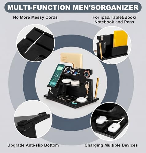 KOCWELL Wood Phone Docking Station, Gifts for Men, Nightstand Organizer Wood for Phone Tablet Earphones Watch Wallet Rings Pens Keys Notebook etc, Birthday Gifts for Men Husband Dad Boyfriend(Black) - image 5