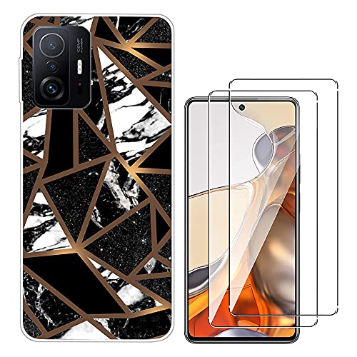KTSTech KANTAS pour Xiaomi Mi 11T Pro 5G Coque avec Verre trempé, Housse en Silicone TPU Bumper Marbre géométrie Noir Motif Ultra Mince Souple Fine Protection Complète Etui pour Xiaomi Mi 11T Pro 5G Cover