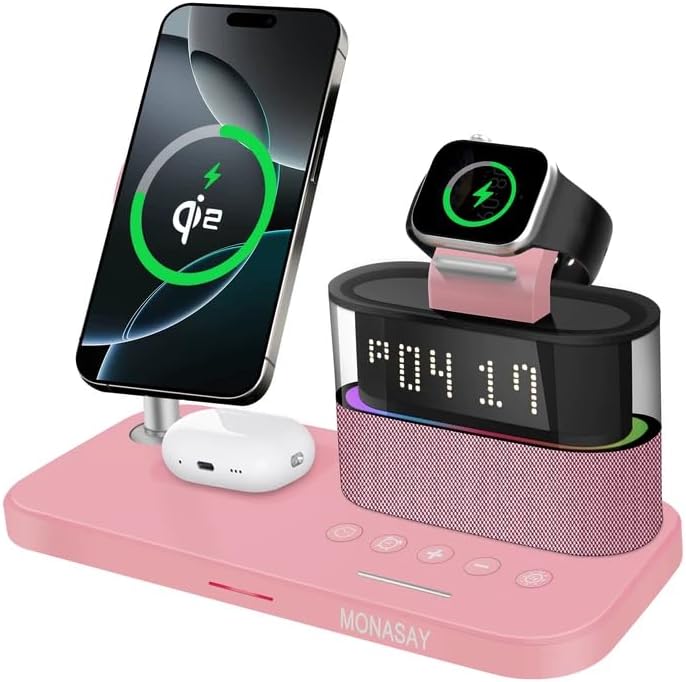 MONASAY Qi2 5 in 1 Wireless Charging Station, 23W Wireless Charger with Alarm Clock for Devices, Magnetic Charger Stand for iPhone 16/15/14/13/12 Series and AirPods, Apple Watch Series, Rosegold