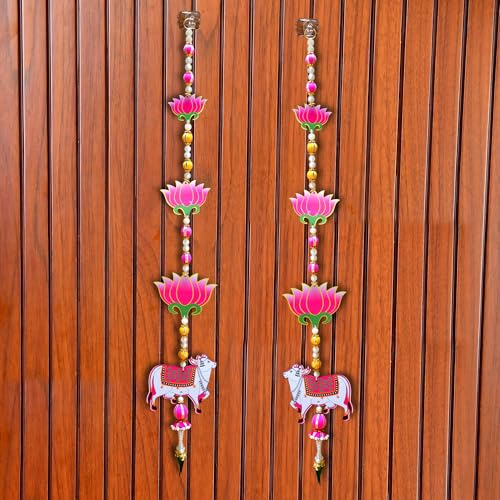 Image of CraftVatika Pichwai Cow and Lotus Wall Hanging Latkan for Door Decoration, Diwali Decor Items, Diwali Decoration for Home, Festival Decorations Items, Pichwai Cow Hanging- 34 Inch Height,1 Pair