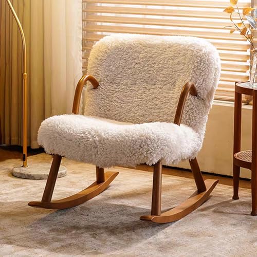 Modern Rocking Chair with High Backrest,Teddy Fabric Rocker Glider Chair,Upholstered Nursing Armchair with Wooden Base,for Nursery, Living Room,Bedroom(Off White)
