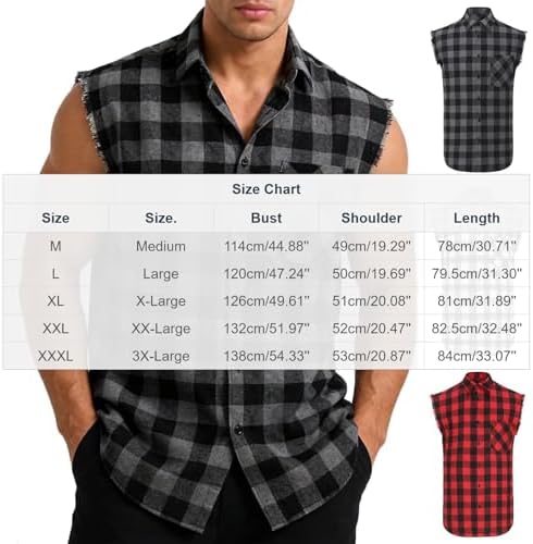 Flannel Plaid Sleeveless Shirts for Men Button Down Western Cowboy Shirt Clothes with Pocket for Summer Casual Wear Black-01-XL — view 2
