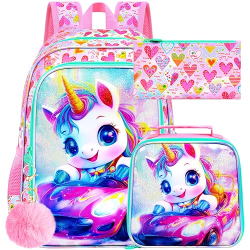 Image of HPJGD 3PCS Girls Unicorn Bookbag Set, Kids Sports Car Backpack Set for Girls with Lunch Box, Cute Water Resistant Elementary School Bag for Preschool Toddler - Pink Unicorn Sports Car