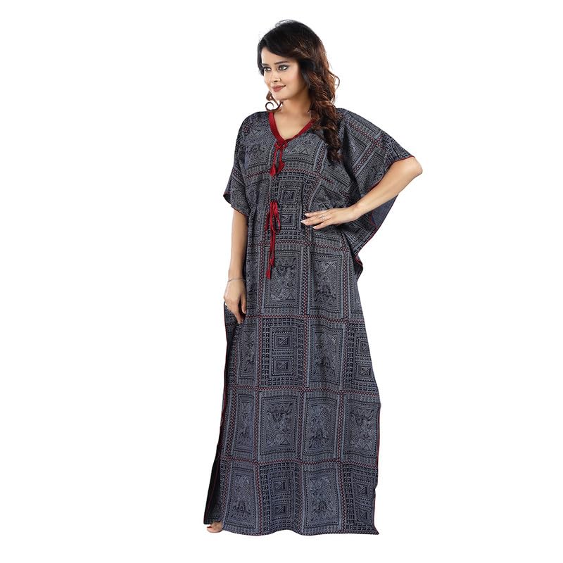 Image of Kaftan Printed Cotton Maxi Dress /Nighty /Nightdress for Ladies /Girls /Women | Free Size