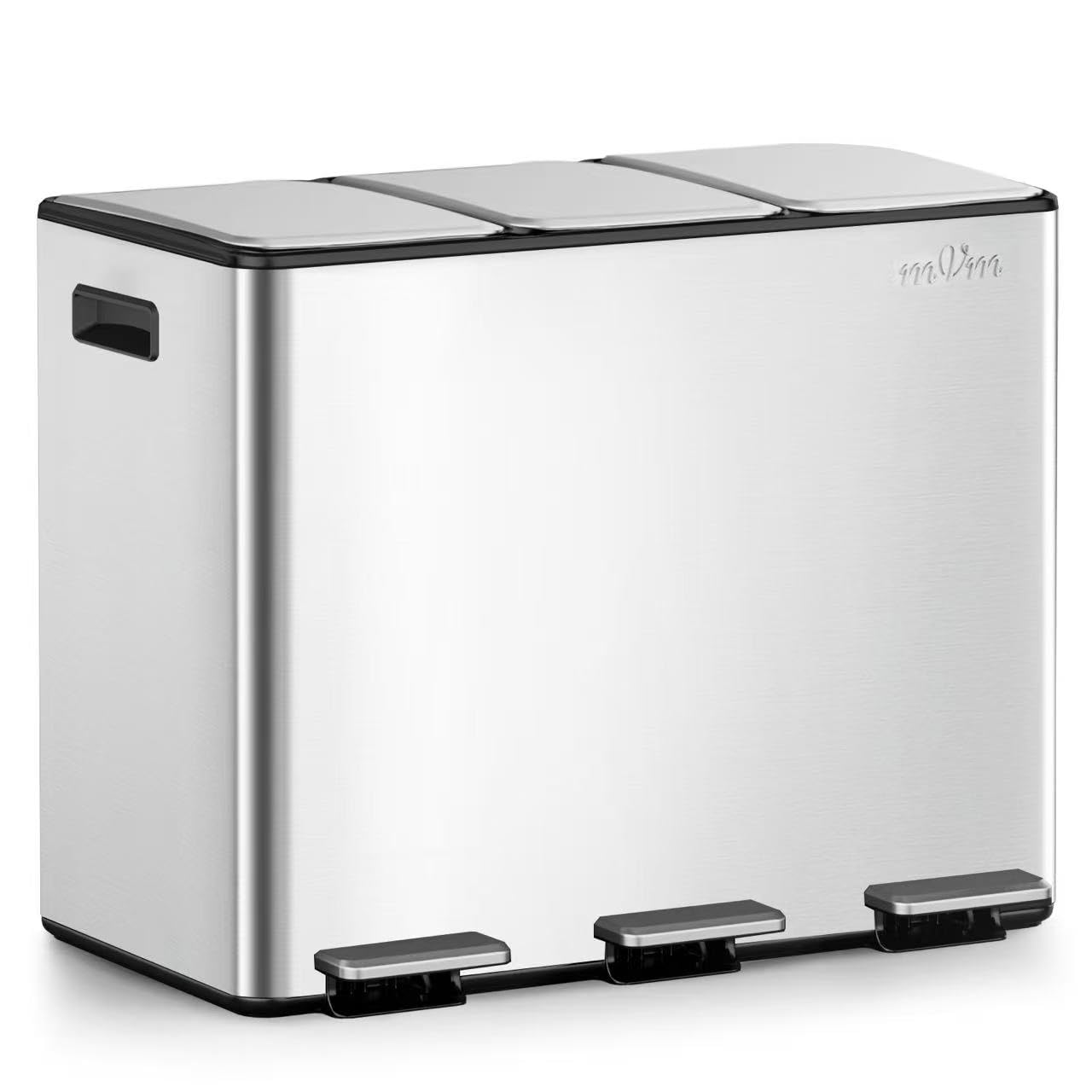 mVm Triple Kitchen Bin,45L Recycling Bin,3 Compartment Rubbish Bin,Stainless Steel Trio Section Food Waste Separation System with Plastic Inner Buckets and Handles,Soft Close,Large Trash Can