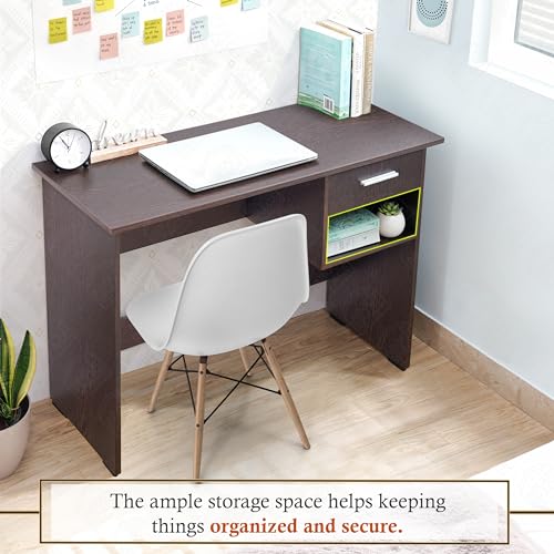 Image of ABOUT SPACE Study Table with Drawer & Bottom Storage -Computer Table for Laptop, Desktop, PC, Working, Drawing, Engineering Wood Office Desk for Home (Flower Wenge -L 90 x B 40 x H 75cm)