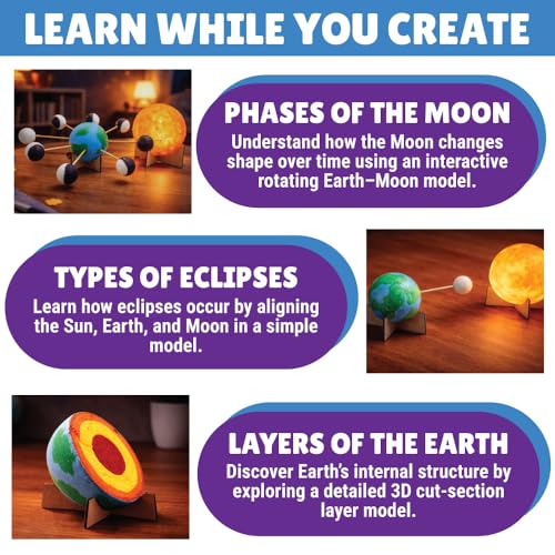 Image of Kalakaram DIY Earth-Sun-Moon Model Kit | 3D Informative 3-in-1 Space Toy for Kids | DIY STEM Educational & Science Toy | Paint & Learning Craft Activity Set | Birthday Gift for Boys & Girls Ages 7+