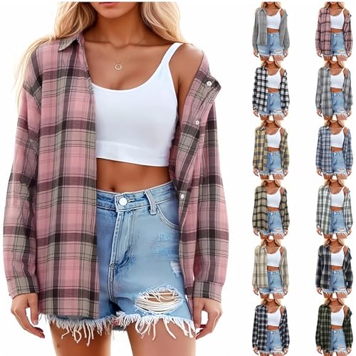Flannel Shirt Women Casual Long Sleeve Button Down Plaid Shirts C...