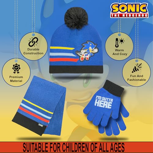 Image of Sonic The Hedgehog Winter Hat and Gloves Set - Blue Sonic Hat for Boys Ages 5-13 - Winter Hat with Scarf and Glove Set