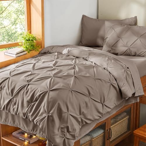 Image of Sasttie Twin Comforter Set, 5-Piece Bed in a Bag, Pintuck Bedding Sets for All Season, Includes Comforter, Flat Sheet, Fitted Sheet, Pillowcase and Pillowsham, Dark Linen