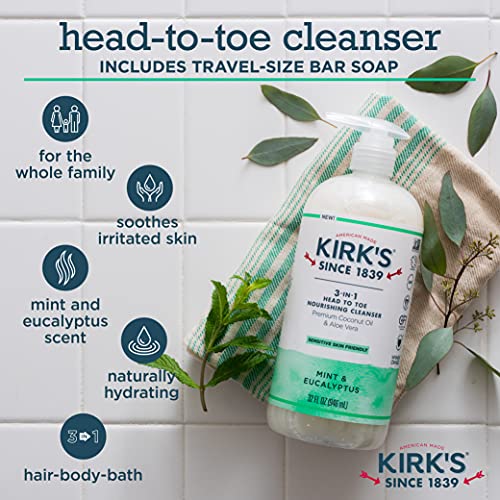 Kirk's 3 In 1 Castile Clean Mint Shampoo Body Wash Liquid Soap Travel Size Bar Soap (1.13 Oz.) | Mint & Eucalyptus Scent | For Men, Women & Children | 32 Fl Oz. - 2 Pack #TOP1