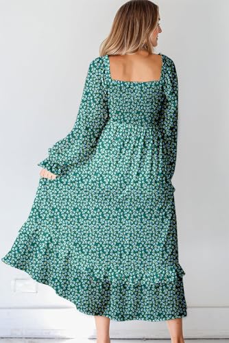 Image of Dokotoo Boho Dresses for Women 2025 Casual Floral Square Neck Long Sleeve Smocked Elastic Waist Tiered Ruffle Hem Maxi Dress
