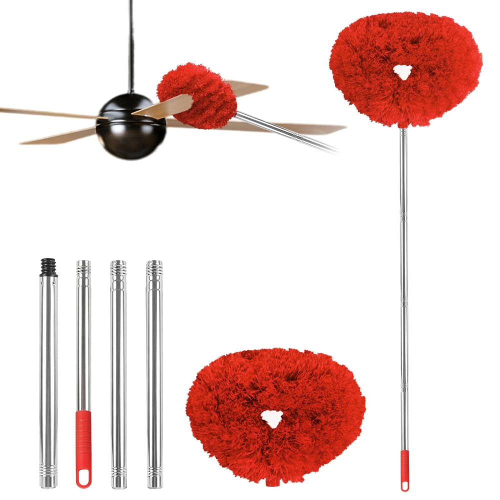 Ceiling Fan Cleaner Duster Reusable Microfiber Ceiling Fan Blade Cleaner Removable Duster with Extension Pole Adjusts 13 to 49.7 Inch for Cleaning Walls Bookshelves Furniture Door Window Top (Red)