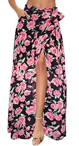 Afibi Womens Flowy Chiffon Summer Beach Wrap Split Maxi Skirts with Pockets (Medium, Red)