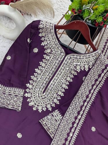Image of Women's Heavy Embroiderd Work Purple Color Weding Wear Straight Kurta Sharara Set for Women with Dupatta