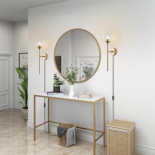 Image of BOKT Modern Long Globe Plug in Wall Sconce Lighting Set of 2 Mid Century Brass Gold Wall Sconce Light Plug in Set of Two Clear Glass Bathroom Bedroom Wall Lamp (Clear-Plug in)