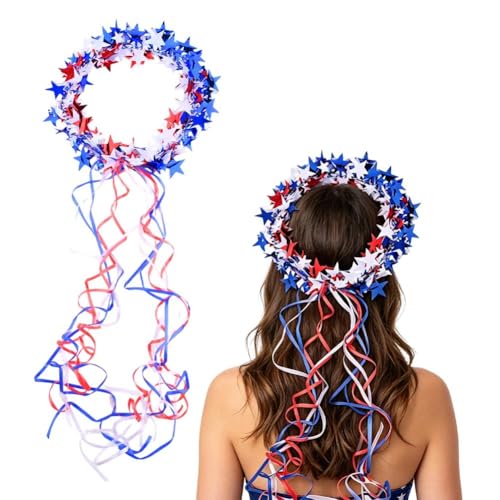 4th of July Headband for Women Girls Red White and Blue Wreath Star Hair Accessories Independence Day Tinsel Hairband Foil Tinsel Crown Headband Patriotic Star Headdress Memorial Day Party Supplies image 3
