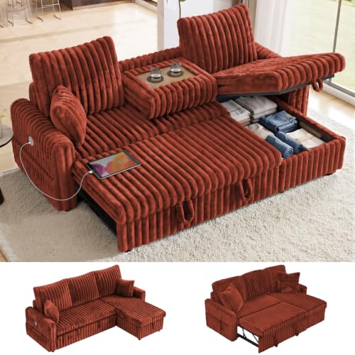 Image of KCGKCG 81 inch Sectional Sleeper Sofa Bed with Storage Chaise & USB Charging, Plush Corduroy L-Shaped Pull Out Couch Bed, Modular Sectional Sofa Couches for Living Room Bedroom, Red