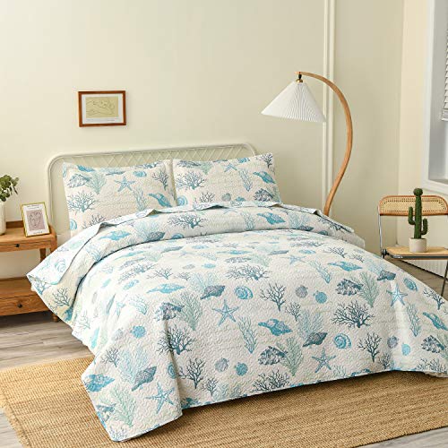 Hailea Ocean Quilt Set Full/Queen Size Coastal Beach Theme Bedding Lightweight Reversible Starfish Seashell Conch Bedspread Coverlet Seaweed Coral Bed Cover with 2 Pillow Shams