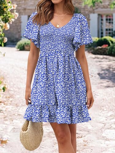 Image of UEAL Womens Cute Floral Smocked V Neck Flutter Sleeve Sundress with Pockets Casual Spring Summer Dresses for Women 2026