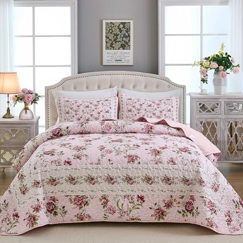 Xruibed Floral Quilt Set Queen Size, 3PCs Antique Rose Pink Bedspread Coverlet Set, Lightweight Soft Microfiber Pink Quilt Set with 2 Pillowcases for All Season (Queen Size 96"x90")