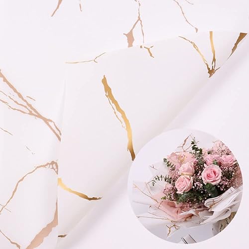 GracesDawn 20 hojas de papel de regalo de flores de mármol dorado, suministros de ramo de floristería, manualidades, embalaje de regalo, material