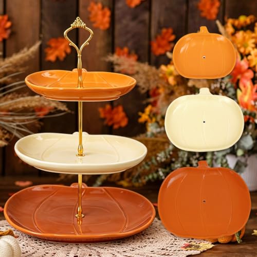 3 Tier Ceramic Pumpkin Serving Tray, 7' 9' 11' Thanksgiving Cake Holder