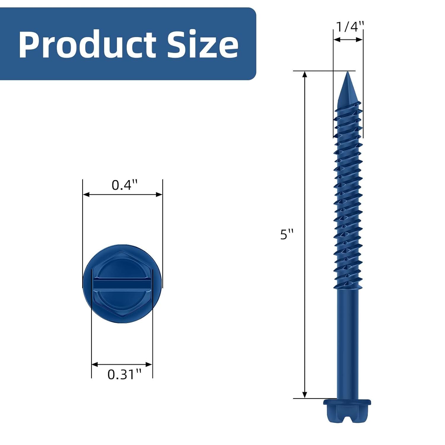 1/4" x 5" Blue Hex Head Concrete Screw Anchor Kit for Anchoring to Masonry, Block or Brick, 50 PCS