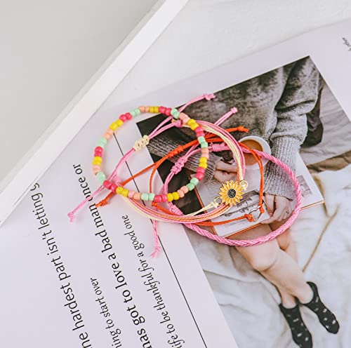 Colorful Bling 4 Pieces Summer Surf Anklet Bracelet Adjustable Chain Braided Rope Bracelet Sunflower Friendship Bracelet Beach Surf Jewelry Female Teen Girl-A Pink #TOP1
