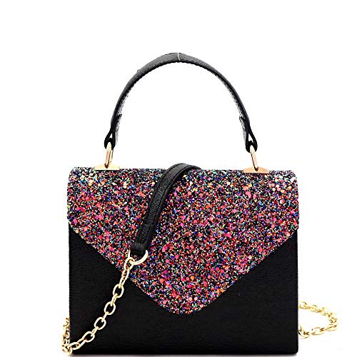 Mini Top-Handle Retro Box Flap Pu Leather Satchel Crossbody Leopard Snake Neon (1Plain Top-Handle - Glitter Multi Black) #TOP2