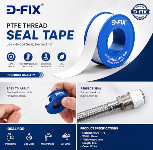 Image of D-fix Thread Seal Tapes Teflon Pipe Sealant Industrial Thread Sealants Plumbers for Leak Water Plumbing Air Head Pipe 12mm x 10Mtr (White, 10Pcs)