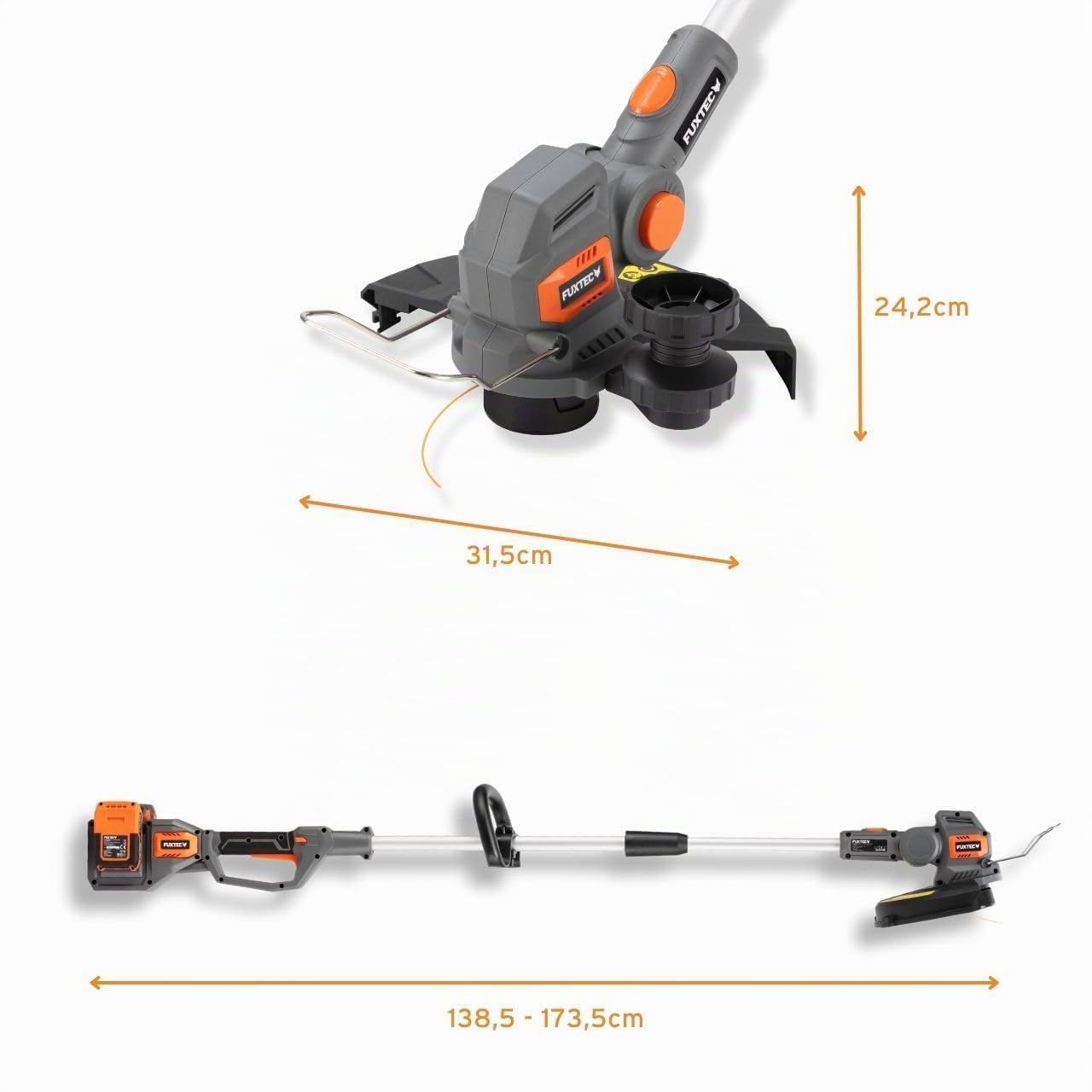 FUXTEC Akku Motorsense FX-E2RTSET • Rasentrimmer mit 2x20V Akku-System • 30 cm Schnittbreite • Teleskopstiel 138,5–173,5 cm • 8000 U/min • Trimmer und Kantenschneider mit Pflanzenschutzbügel