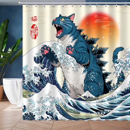 XUXWHWY Cat Monster Dinosaur Shower Curtain Set, Funny Japanese Anime Sun Ocean Waves Kids Home Bathroom Decor Waterproof Fabric Bath Curtain with 12 Hooks 72x72 Inches