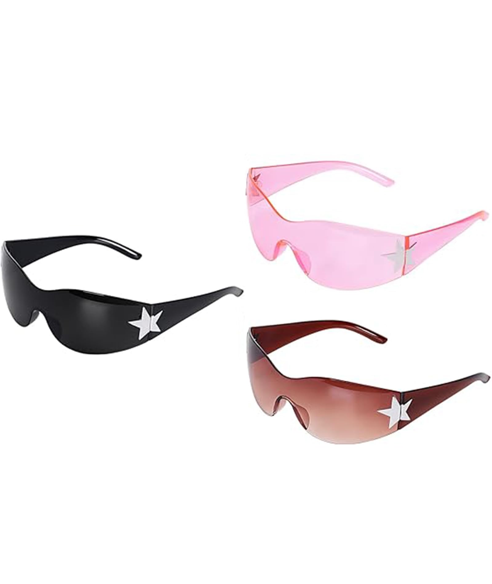 3 Pcs Y2K Glasses Unisex Rimless Wrap Around Sunglasses, Star Decor Oversized Trendy Eyeglasses, Retro Futuristic Fashion Shades for Driving Cycling Party Travel Daily Casual Wear-image-25