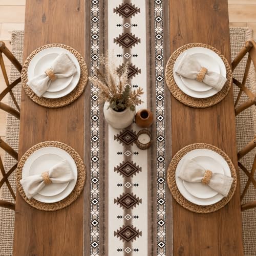Image of Aztec Geometric Table Runner, Southwestern Tribal Pattern Faux Linen, Rustic Brown Boho Dining Table Decor for Farmhouse Kitchens 13x90 Inch